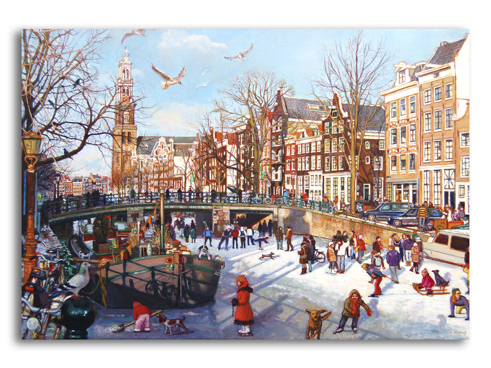 Anne Knaup Schilderij Schaatsen op de Prinsengracht Amsterdam