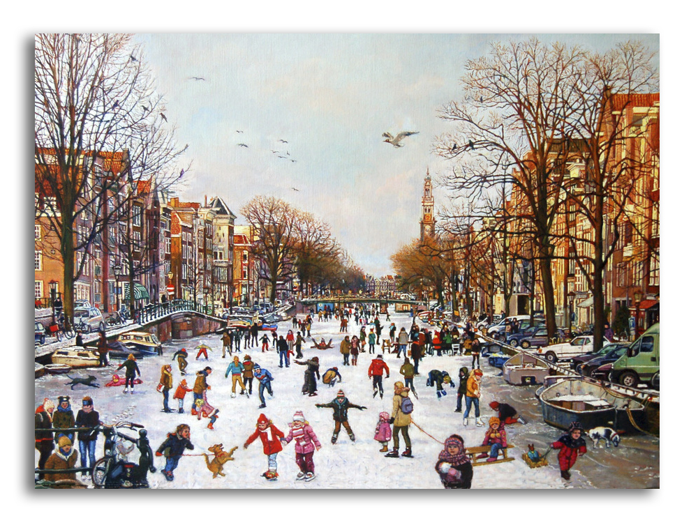 Anne Knaup Schilderij Schaatsen op de Prinsengracht