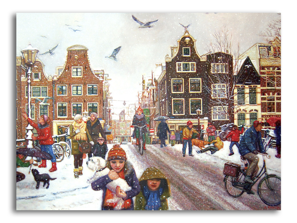 Anne Knaup Schilderijen Sneeuwpret op de Brug Amsterdam