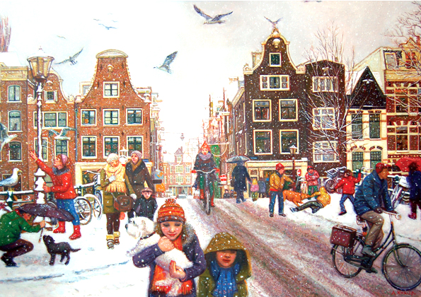 Schilderij Sneeuwpret op de brug in Amsterdam van Anne Knaup