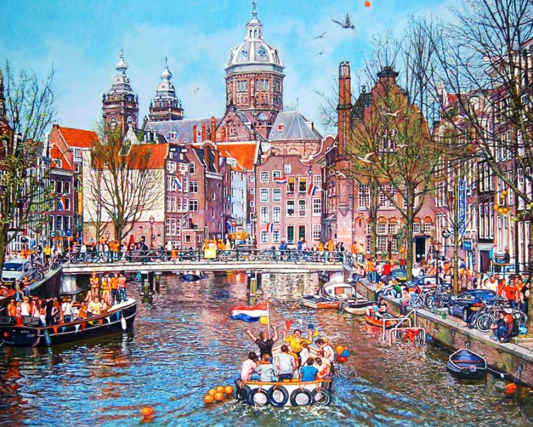 Anne Knaup Schilderij Koninginnedag Oudezijds Kolk Amsterdam