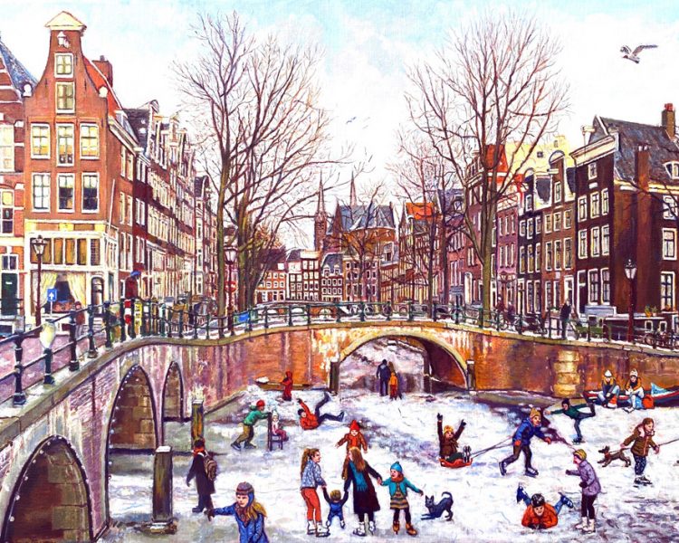 Anne Knaup Schilderij Schaatsen Op De Keizersgracht Amsterdam