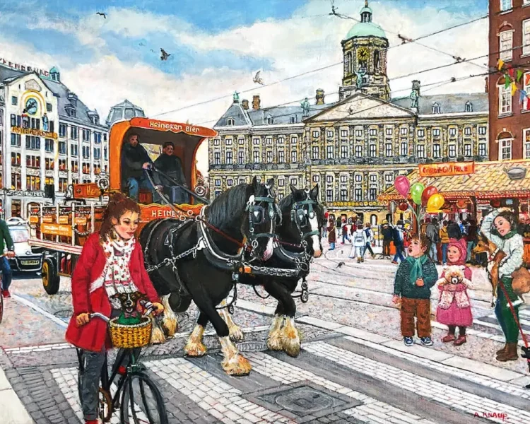 De Heinekenkar met de paarden George en Henri op het Damrak